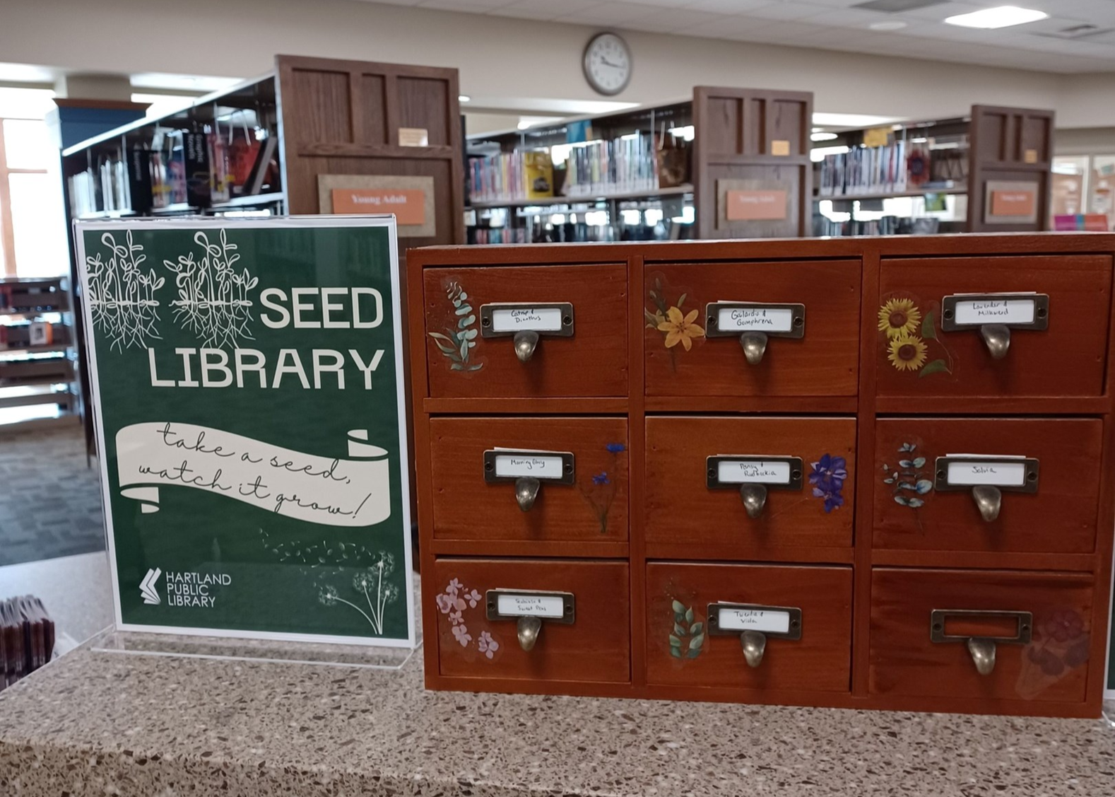 Photo of a small card catalog being used for a seed library at Hartland Public Library. Photo of a small card catalog being used for a seed library at Hartland Public Library.